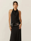 Backless Fashion Dresses Elegant Halter Patchwork Draped Maxi Bodycon Female Solid Simple Evening Party Frock New