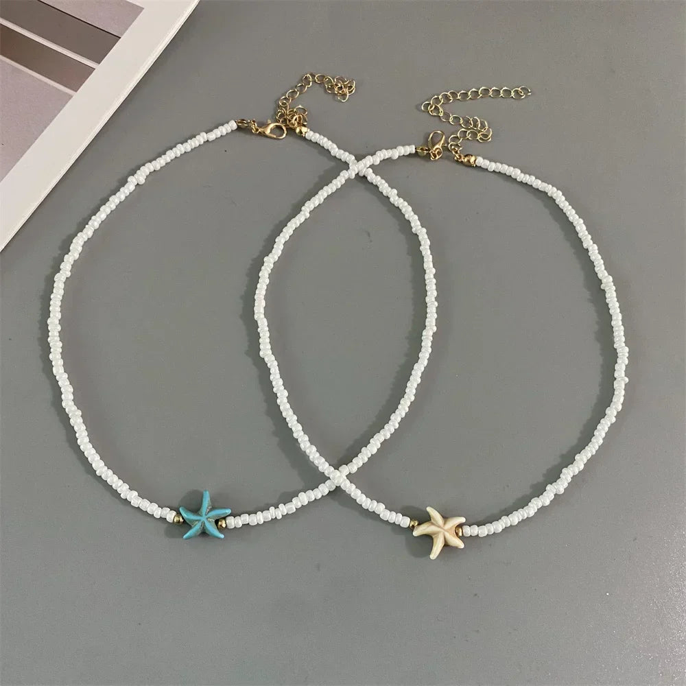 Shell Starfish Woman Short Necklace Summer Holiday Gift Handmade Choker  Seed Beads Neck Jewelry White