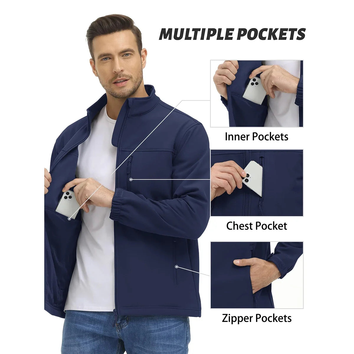Men's Waterproof Outdoor Hiking Jacket Full Zip Windproof Fleece Lining Warm Fall Winter Work Casual Jackets