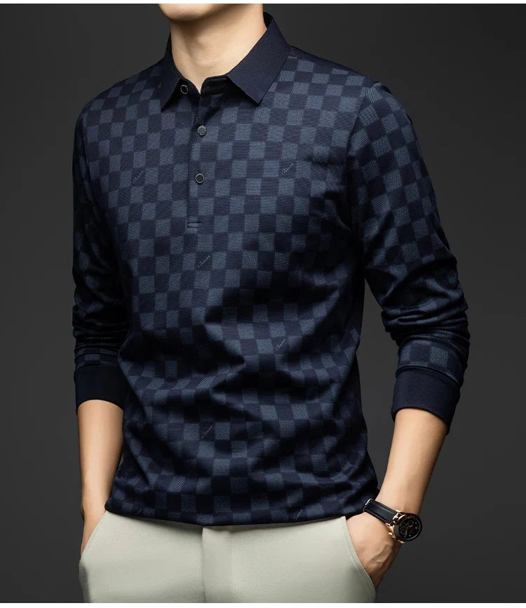 Polo Shirts for Man Autumn Business Slim Fit Long Sleeve T Shirt Men 2026 New Casual Loose Pullover Plaid Men Tops & Tees