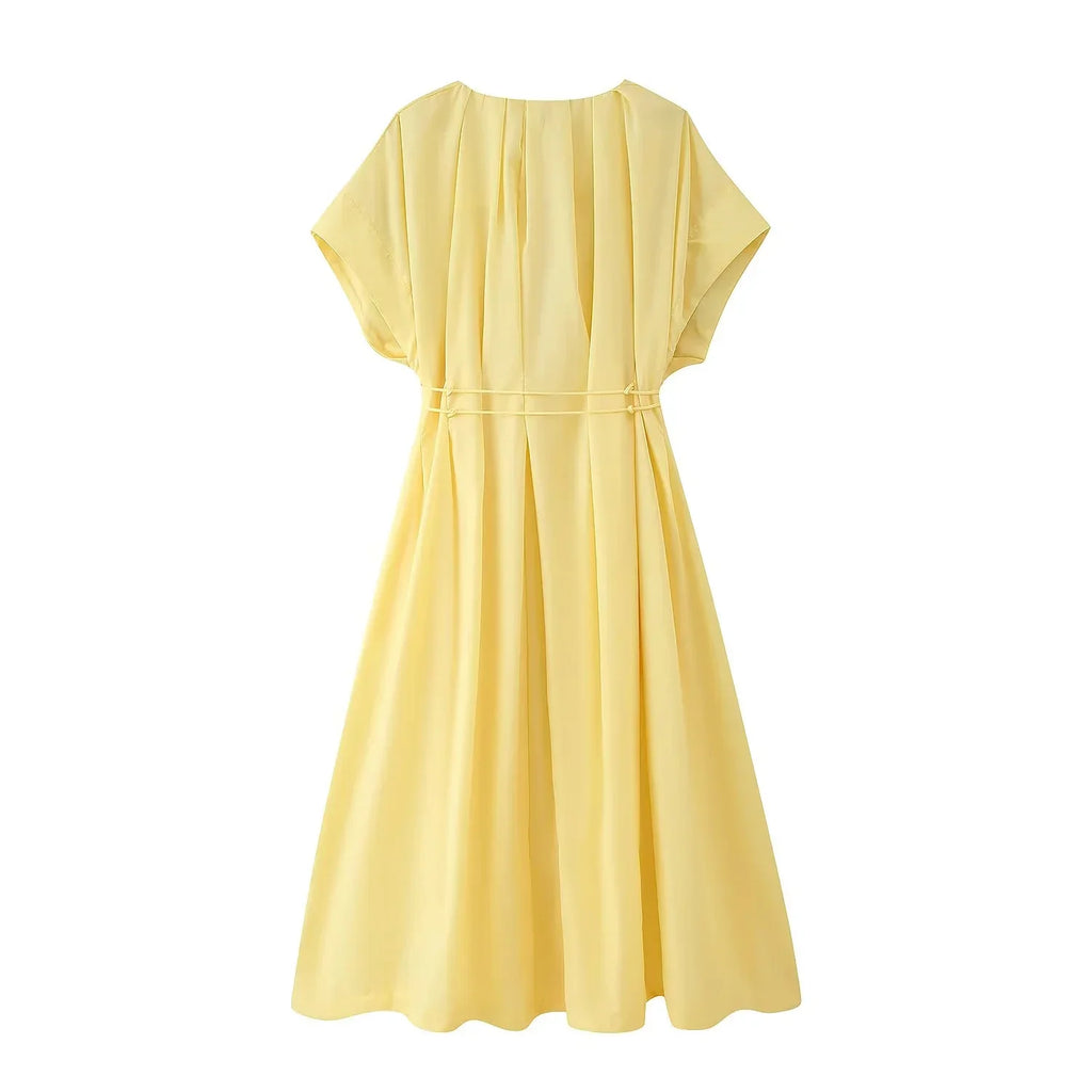 2026 Spring Summer Vintage Women Dress Fashion Single Breasted Sashes Draped V Neck Sleeveless Chic Brown Ladies Dresses