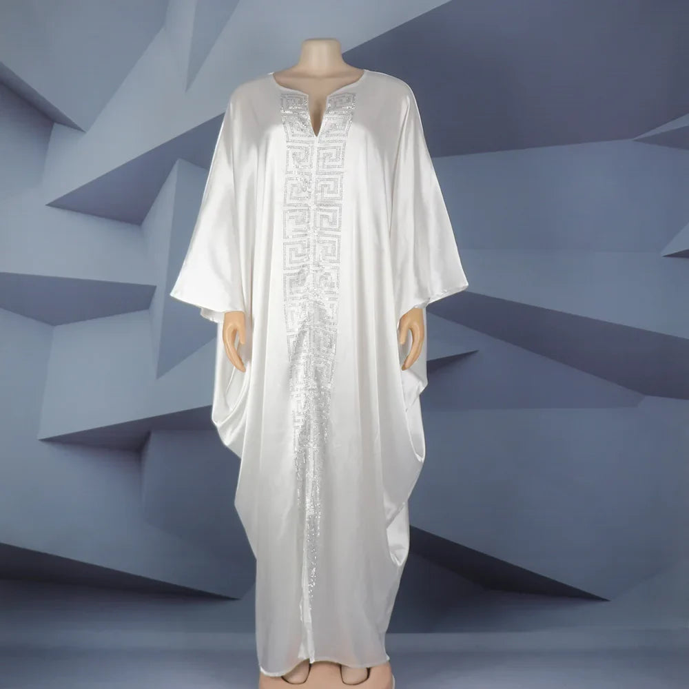 Fashion African Woman Large Size Bat Sleeve Dress Muslim Islamic Style Robe Imitation Silk Hot Fix Rhinestone