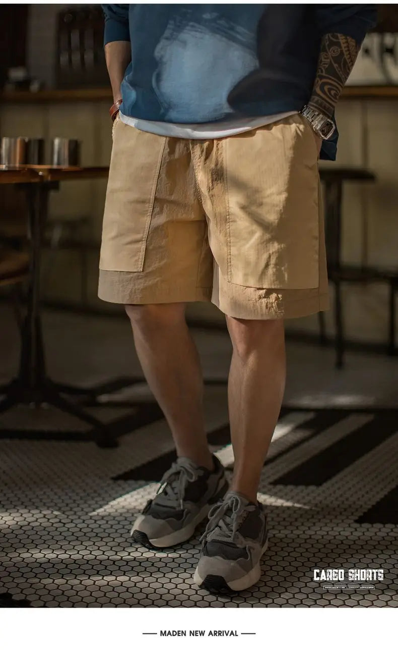 Outdoor Quick-Dry Khaki Cargo Shorts Men's Summer Lightweight Woven Straight Leg Beach Pants Elastic Waist Pocket Shorts