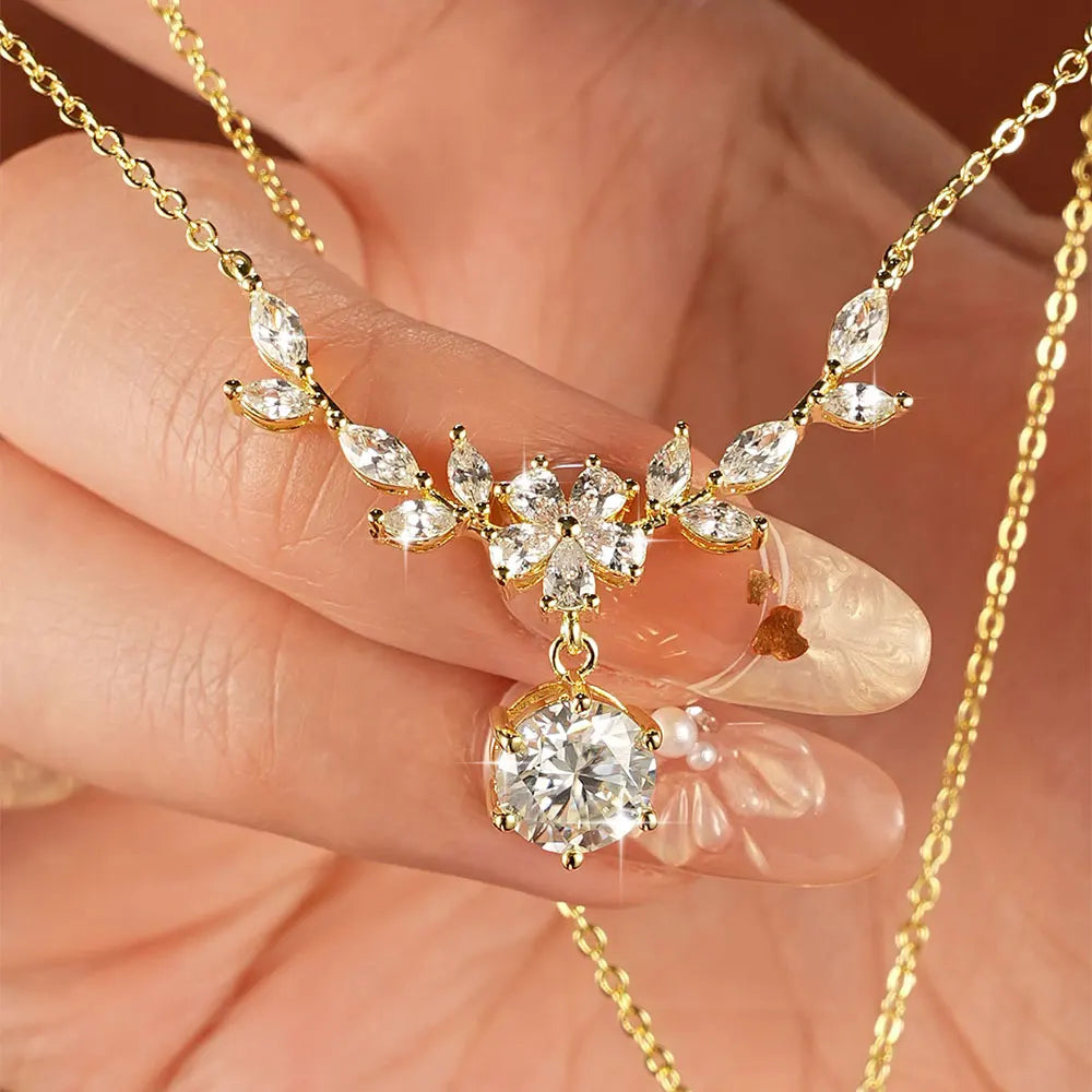 Sparkling 8MM Moissanite Necklace 14K Gold Filled Floral-Style Pendant Necklaces for Women CWedding Jewelry Gift