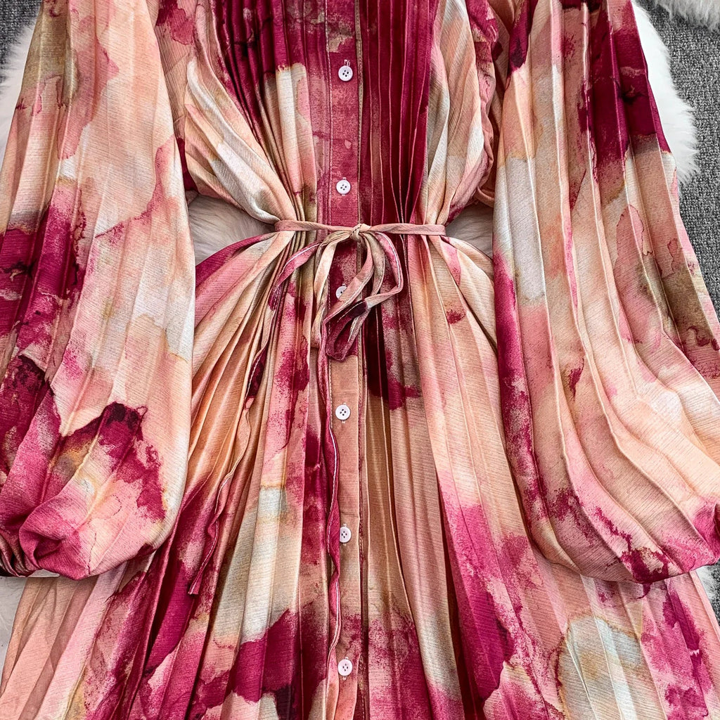 Printed round Ne Lantern Sve Dr Women's Single Button Waist Cinch Maxi Skirt Long Dr Commute Sle Autumn