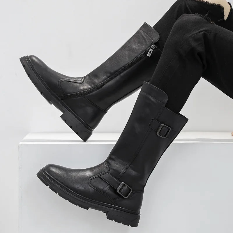 Size 38-46 Men's Fashionable High-Top Leather Boots Genuine Cowhide Shoes Side Zipper Thick-Sole Cowboy Boots for Everyday Wear