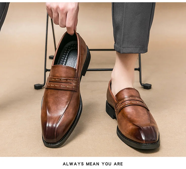Men's Large Size Thick Bottom Heightening Painted Surface Slip-On Loafers Shoes with Rubber Sole And Ultra Leather Material