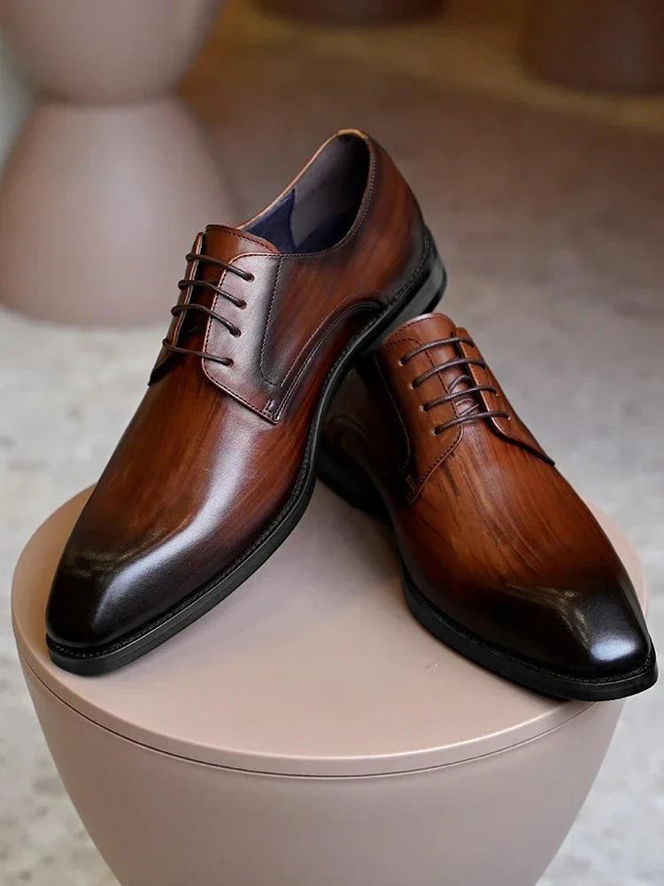 Italian Flat Mens Dress Shoes Luxury Genuine Leather Brand Handmade Quality Square Toe Laces Up New Business Party Social Shoes