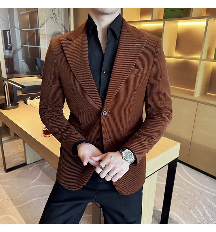 Corduroy Stripe Suit Jacket For Men Autumn Winter Business Slim Fit Tailcoat Formal Wedding Party Fashion Casual Suit Coat 4XL-M