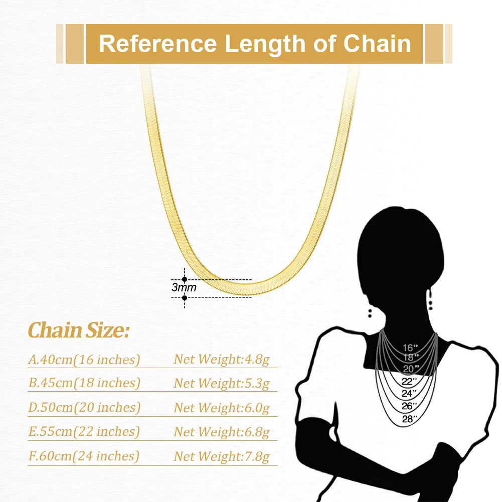 925 Sterling Silver 3mm Gold Flexible Flat Chain Herringbone Snake Chain Necklace for Women Neck Chain Jewelry SC35