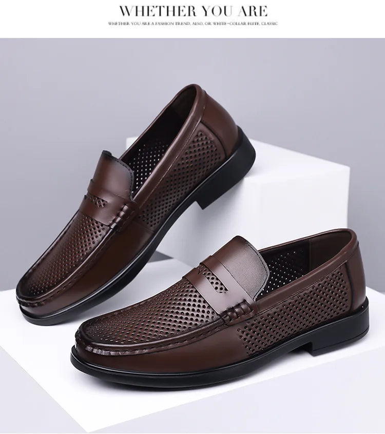 2026 Summer New Men's Breathable Leather Loafers Slip-On Hollow Out Casual Business Casual Shoes for Man Flat Driving Shoes Male