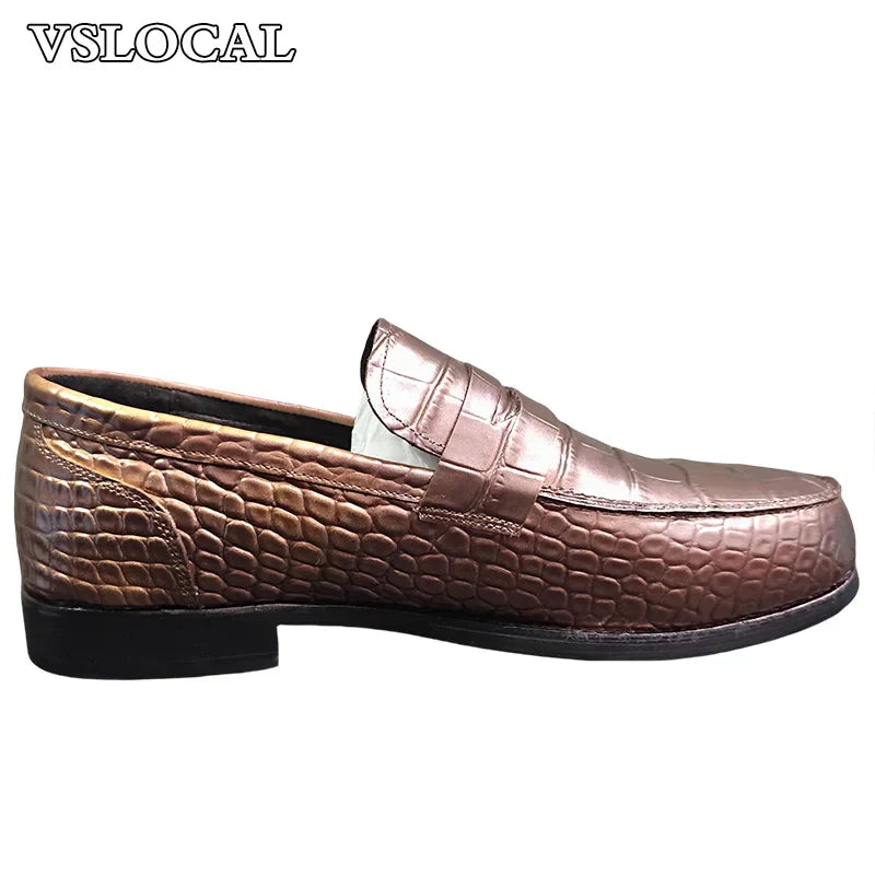 Luxury Brand Men Leather Shoes Black Slip On Croco Prints Casual Mens Dress Shoes Wedding Office Banquet Loafers For Men