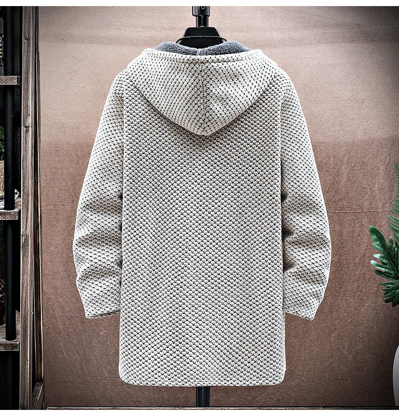 Men's Cardigan Cashmere Long Coat Sweaters with Hoods Autumn Winter New Fleece Warm Solid SweaterCoat Windbreaker Men Clothing