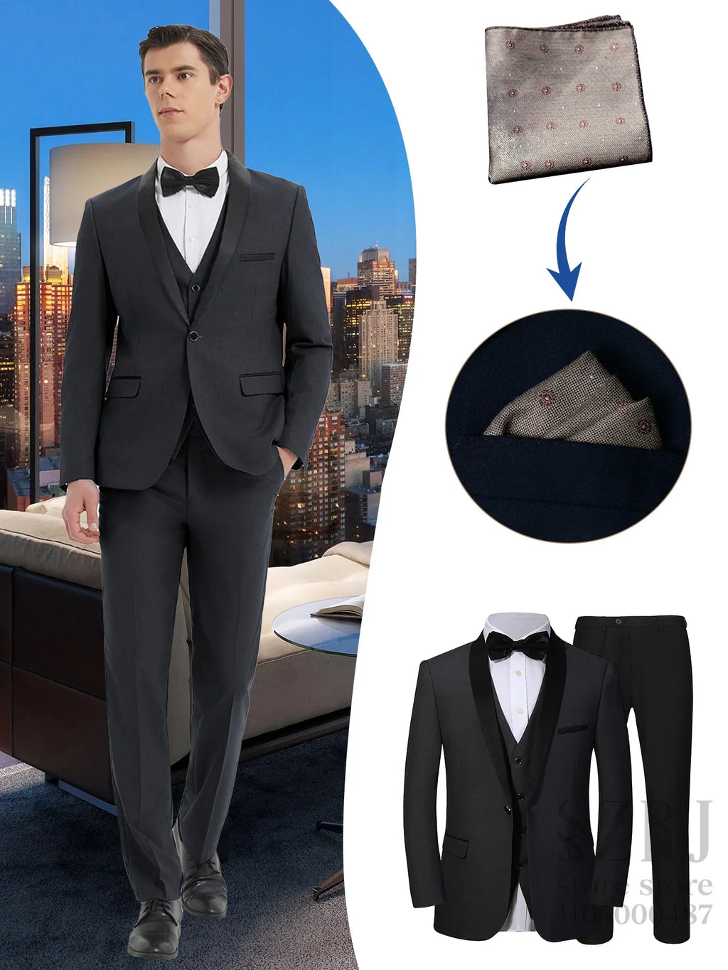Men'S 4pcs Tuxedo Suit: Jacket, Vest, Dress Pants &Pocket Square