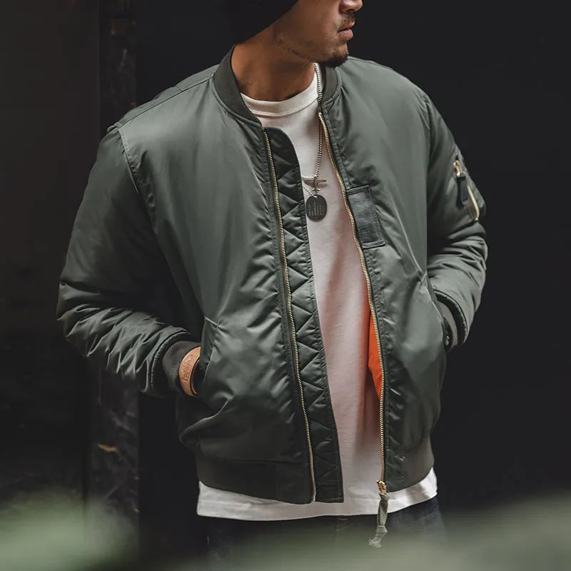 Vintage MA1 Pilot Jacket Green Thickened Cotton-padded Jacket Casual Baseball Pockets Flight Zipper Outwear for Men's Fall