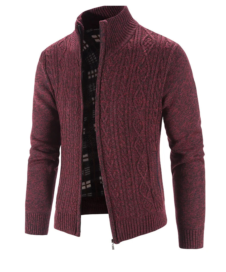 Winter Autumn New Sweater Knit Cable Cardigan Men Business Casual Jacket Zipper Up Solid Color Turn-down Coat Fleece Clothes