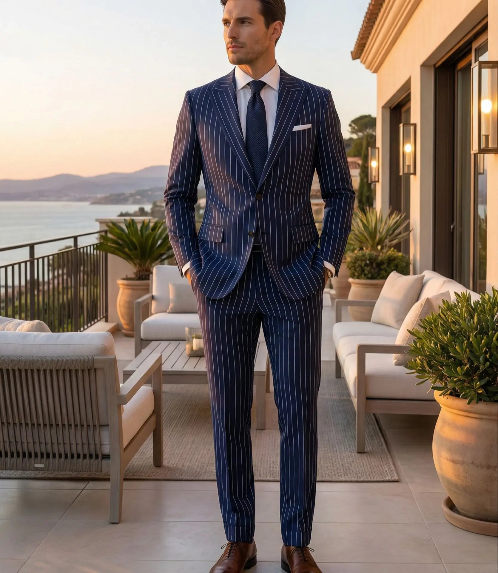 Two Piece Pinstripe Men's Suit Slim Fit for Formal Wedding Tuxedo Notched Lapel Navy Blue Striped Business Groom Male Fashion