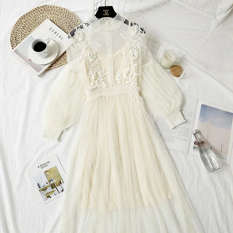 Lace Flower Mesh Summer Dress Women Lantern Sleeve White Casual Dresses Female Party Vintage Slim Women Dress 2 Piece Sets 12041