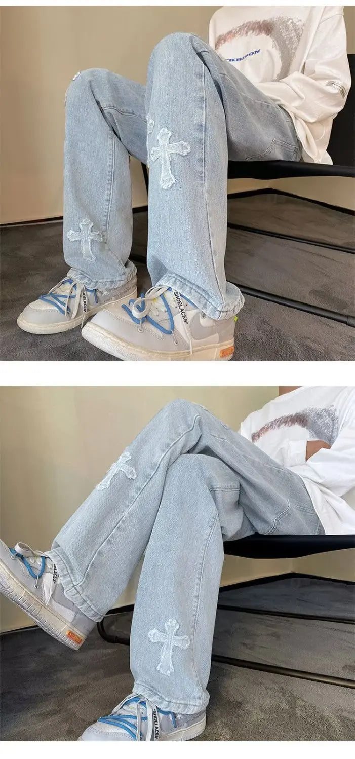 Vintage Men's Straight Jeans Cross Embroidery Casual Jeans Denim Loose Hip Hop Four Seasons Fashion Streetwear Pants Black Blue