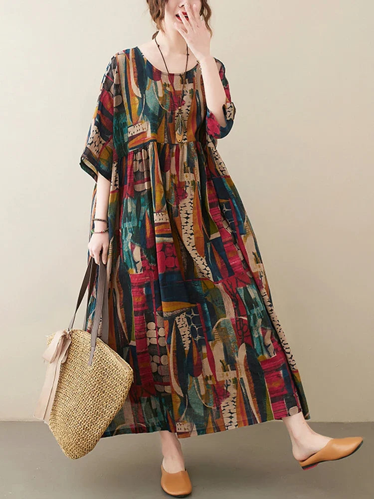 Short Sleeve Cotton Linen Vintage Print Summer Long Dresses For Women 2026 Casual Loose Holiday Ladies Dress Elegant Clothes