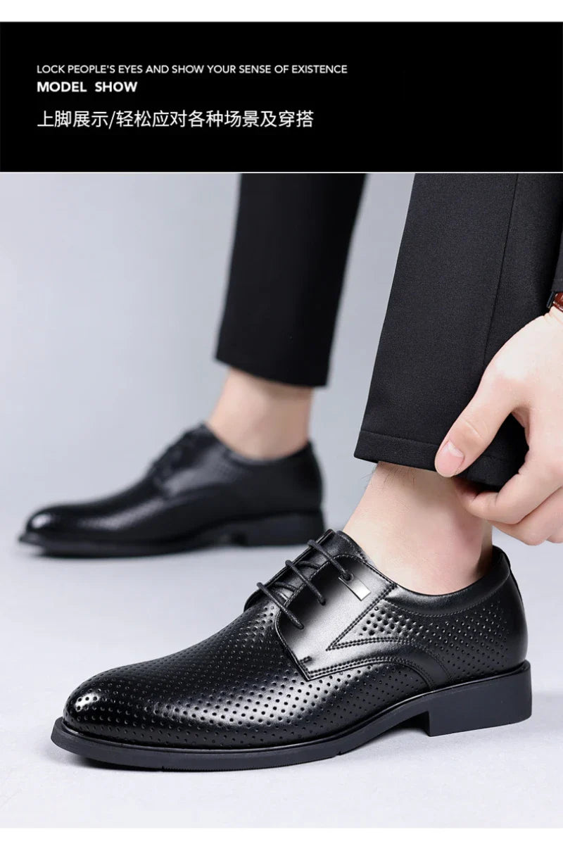Mens Black Genuine Leather Perforated Metal Decor Lace Up Formal Business Office Breathable Summer Shoes Hollow Stylish Simple