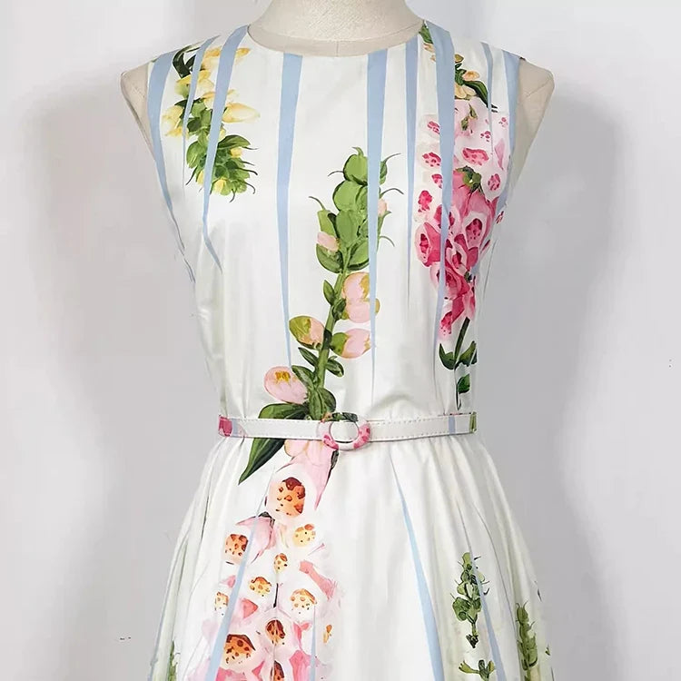 2026 Spring Women's New Fashionable Round Neck Sleeveless Printed Cotton Belt Waist cinching Dress ﻿