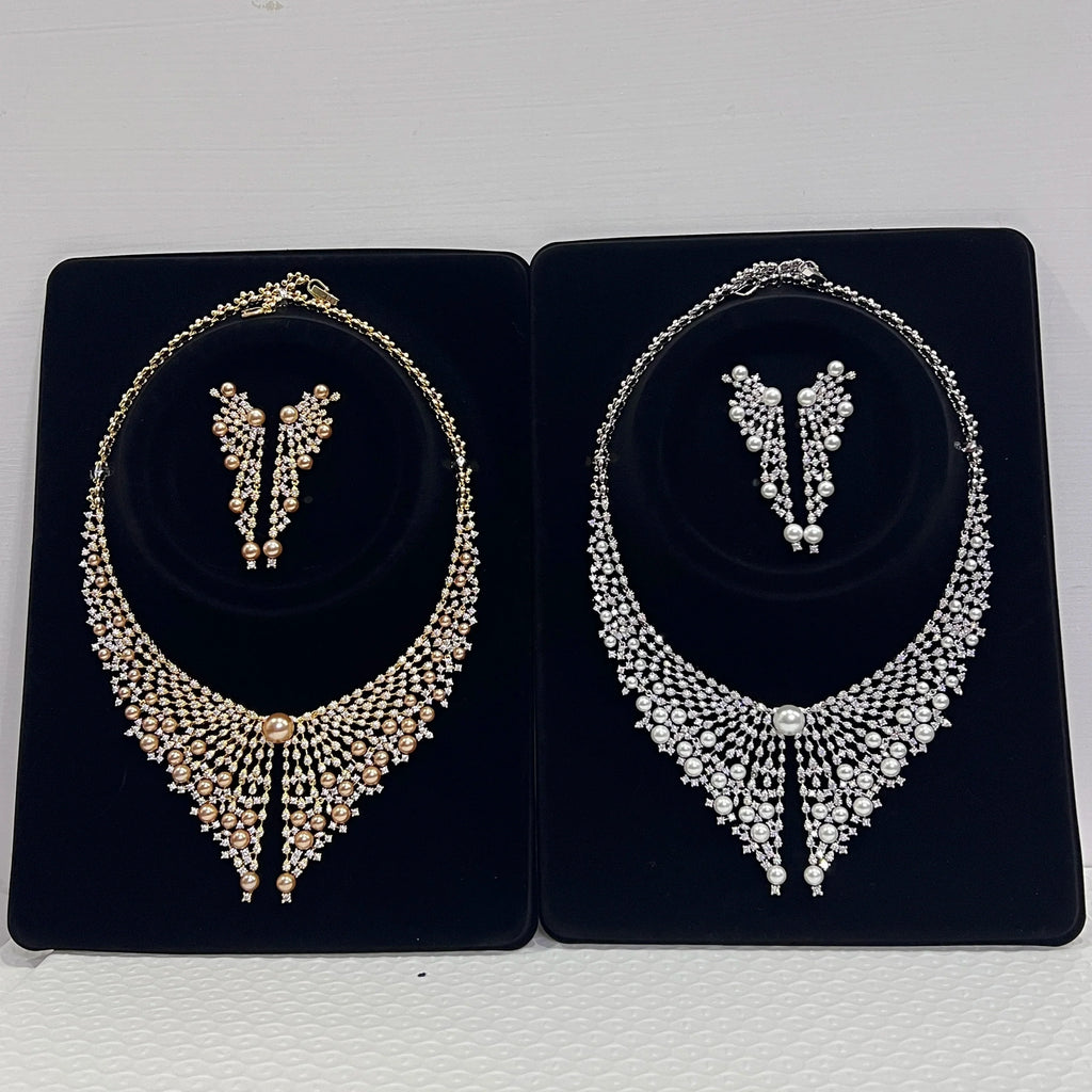 Luxury Cubic Zirconia 2pcs Pearl Necklacе Nigeria Dubai Bridal Wedding Jewellery Sets For Women Party  Accessories