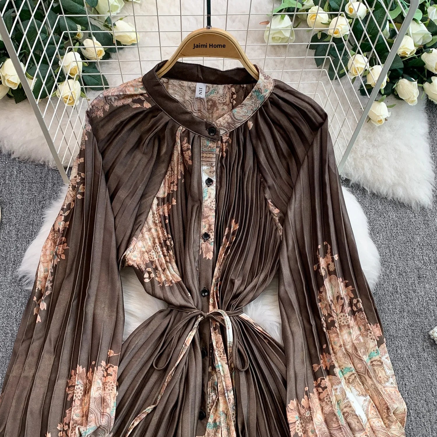 Printed round Ne Lantern Sve Dr Women's Single Button Waist Cinch Maxi Skirt Long Dr Commute Sle Autumn