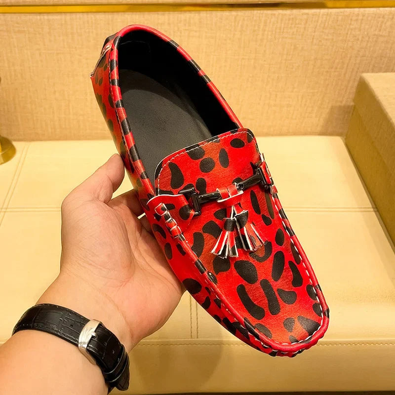 Fashion Red Leopard Leather Casual Shoes Man Designer Tassels Loafers Men Comfortable Slip-on Men's Driving Shoes Large Size 48