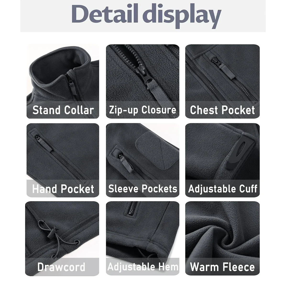 Men's Fleece Jacket Soft Warmth Windproof Full Zip Up Coat Multiple Zipper Pockets Hiking Working Outdoors Windbreaker