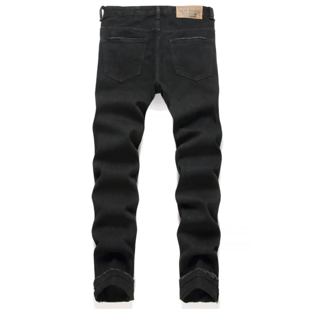 Punk Style Men's Slim Fit Straight Leg Denim Jeans Black Hole Patch Embroidery No Stretch Fashion Urban Casual Cotton Polyest...