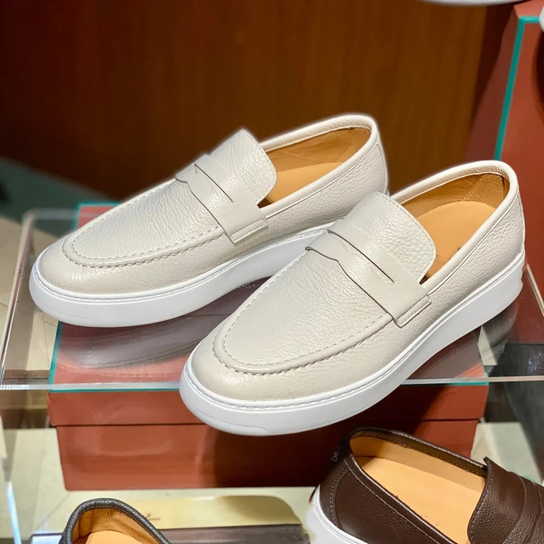 2026 New Men Genuine Grain Leather Penny Loafers Slip On Platform Non Slip Soft Sole Business Casual Driving Daily Walking Shoes