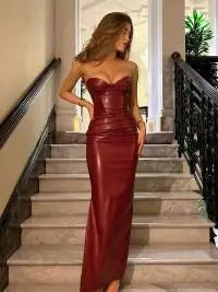Sexy Woman Strapless Burgundy Slim Leather Long Dress