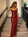 Sexy Woman Strapless Burgundy Slim Leather Long Dress