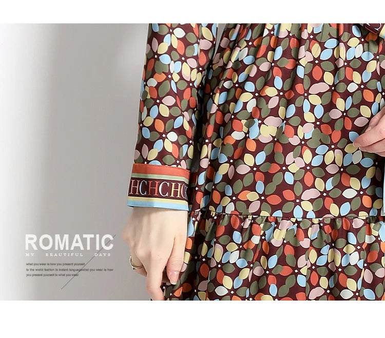 2024 Autumn New Women's European and American Versatile Waist and Slimming Letter Positioning Printed Dress A-line Long Dress
