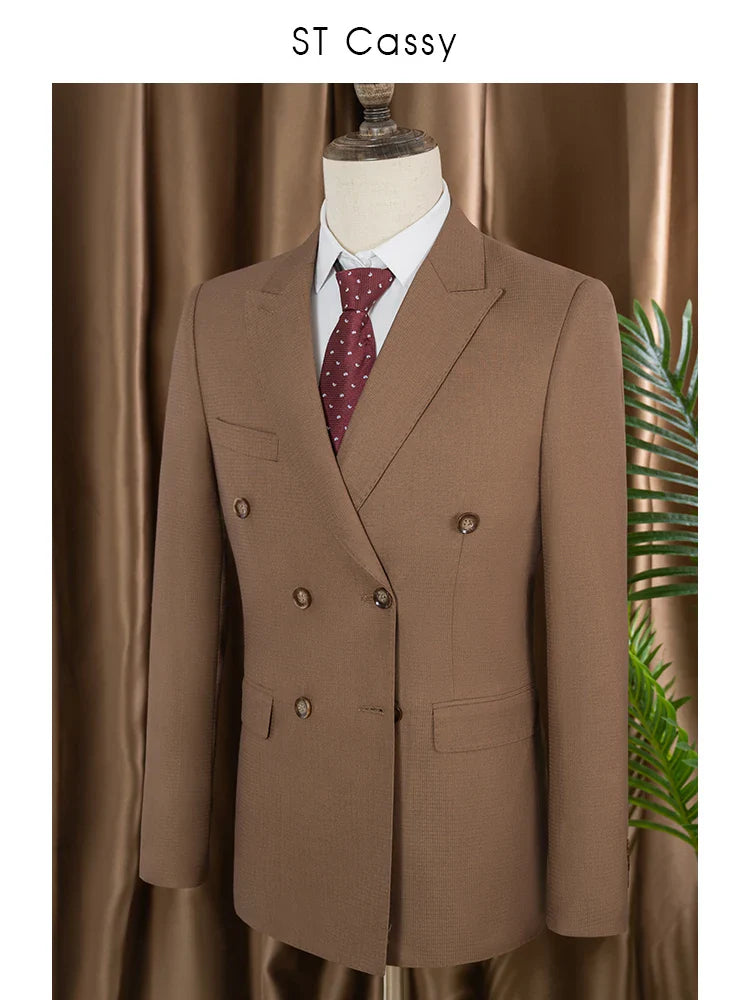 Elegant brown Double Breasted Suit Set 2 Piece Business Wedding Outfit Classic Stylish Blazer Pants Modern Trendy