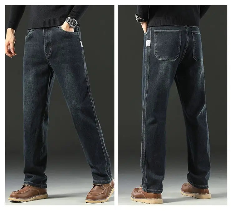 Men's Spring Autumn Soft Baggy Jeans Casual Straight Stretch Wide-Leg Business Denim Pants Versatile Comfortable Loose Trousers