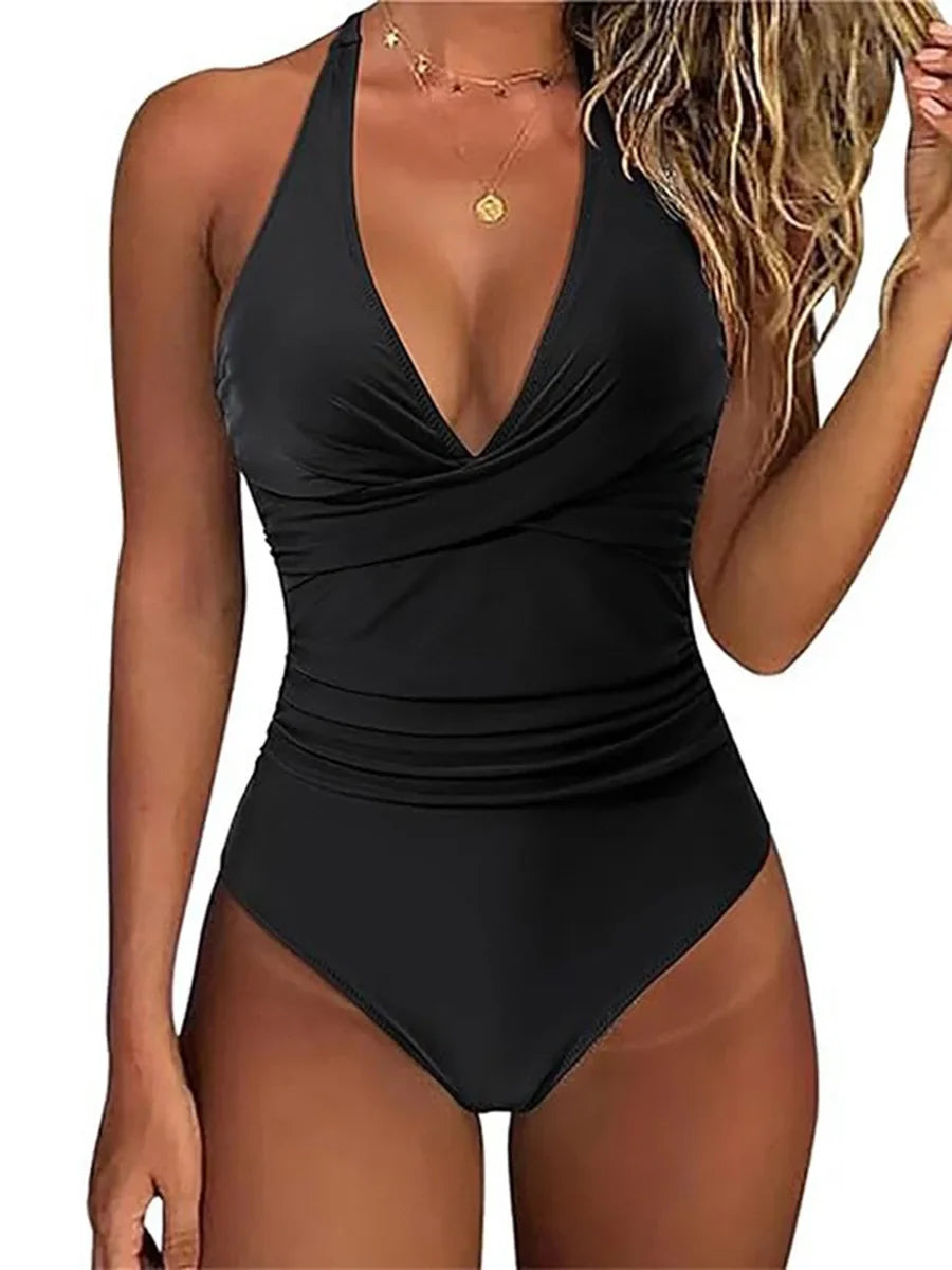 S - XXL Wrinkled Halter V Neck One Piece Swimsuit Women Swimwear Female Monokini Backless Bathing Suit Swim Beachwear Bodysuit