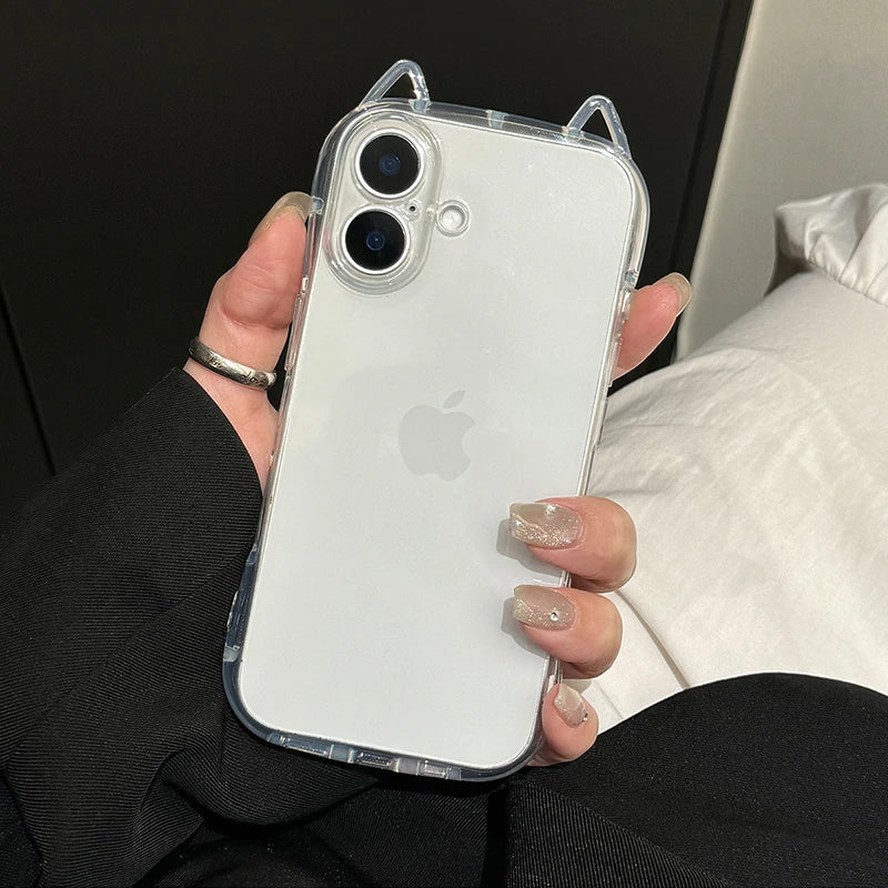 Cute Cat 3D Ears Transparent Phone Case For iPhone 17 Pro Max Air 16 15 13 11 12 14 Plus Soft Clear TPU Back Cover Shell