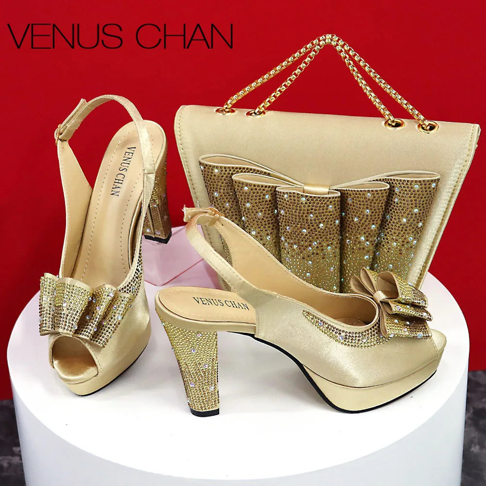 High Quality Yellow Color Fish Beaked Toe Cap Thin Heels Ladies Shoes Matching Bag