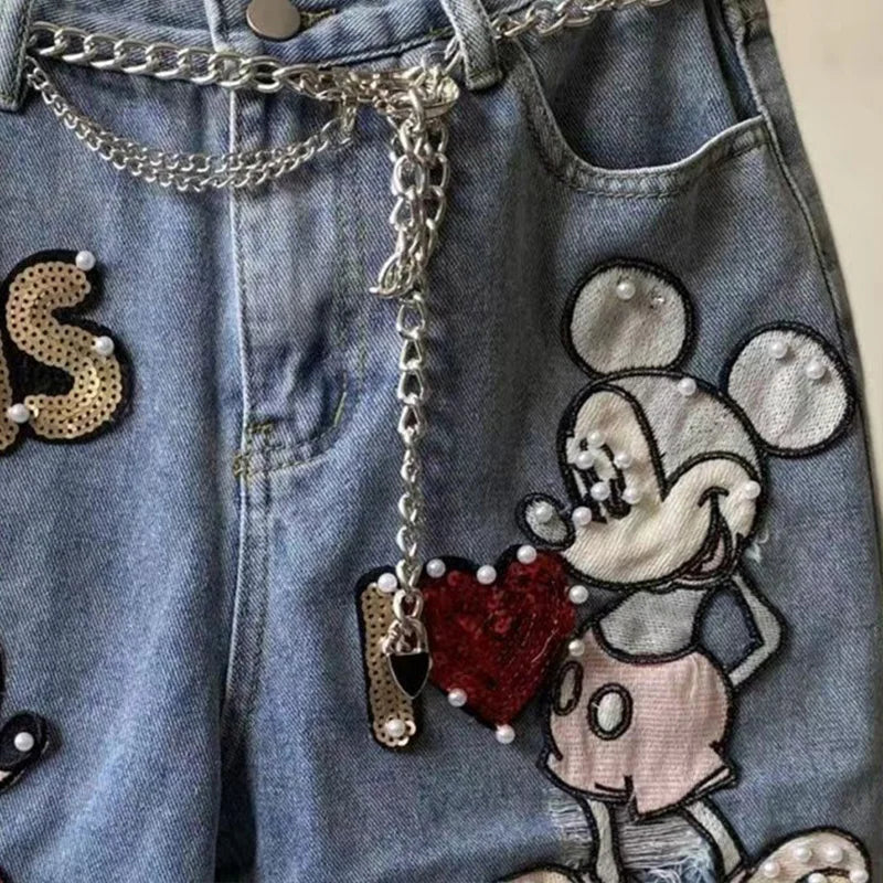 New Arrival Loose Casual Summer Top Fashion Cotton Embroidery Beading Mickey Mouse Summer Denim Shorts