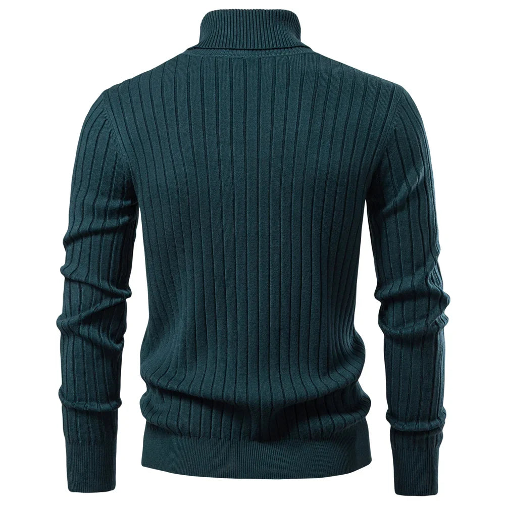 Men's Turtleneck Sweater Solid Color with Striped Pullover Warm Knitwear Winter Basic Casual High Quality Sweater Male