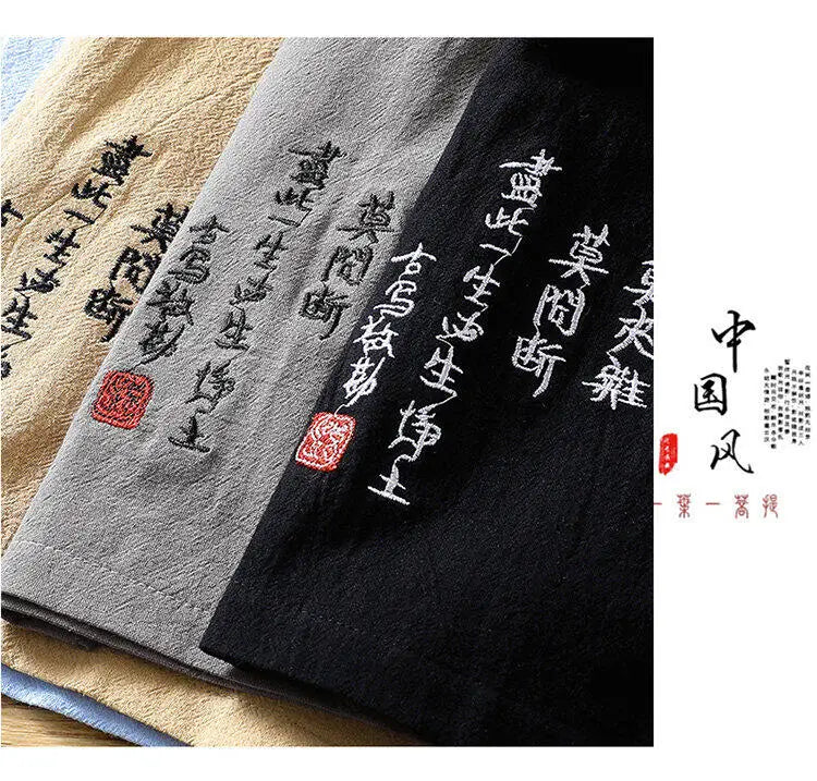 Summer Chinese style Shirts + Pants Dragon Embroried 100% Cotton linen Sportswear Men's Casual Sets Male Fashion Chinese style