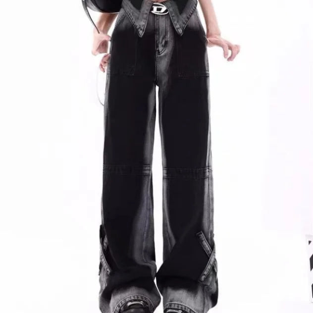 American Style Color Block Spicy Girl Wide Leg Jeans