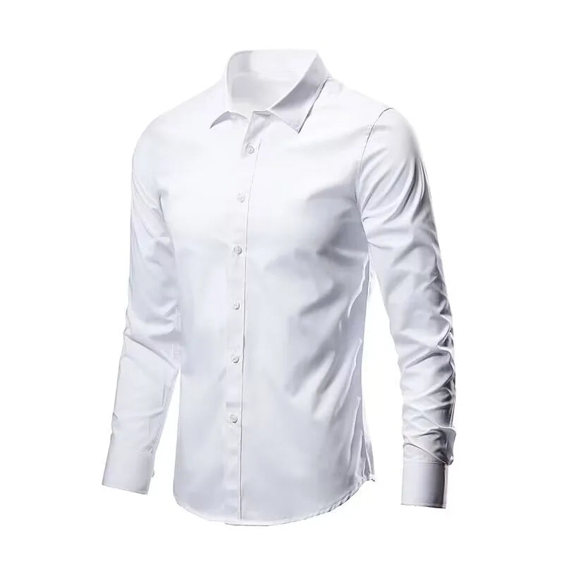 Men's Dress Shirt Elastic Spring Autumn Long Sleeve Anti-wrinkle Free ironing Business Without Pocket Soft Fashion Smooth Slim