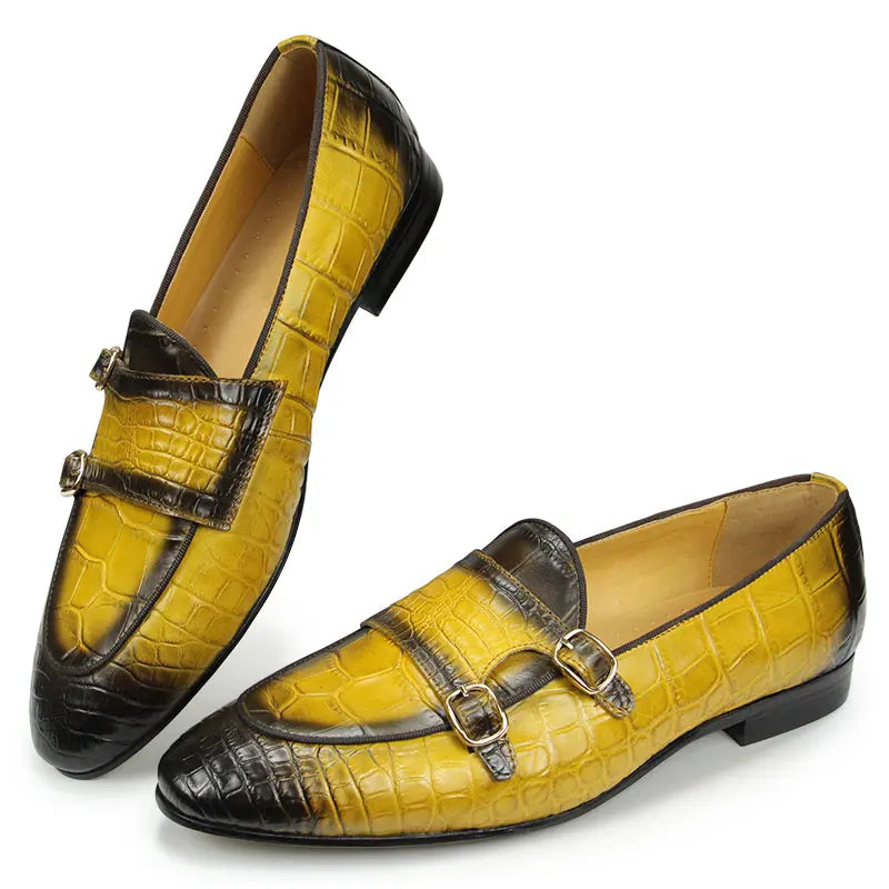Men Loafers Double Monk Strap Slip on Fashion Casual Penny Footwear Business Wedding Evening Genuine Leather Crocodile Printing