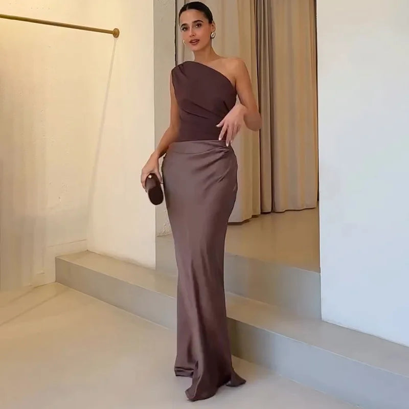 Patchwork Satin Sexy Dress Women One Shoulder Brown Sleeveless Evening Maxi Dress 2025 New Summer Elegant Party Clubwear Dresses