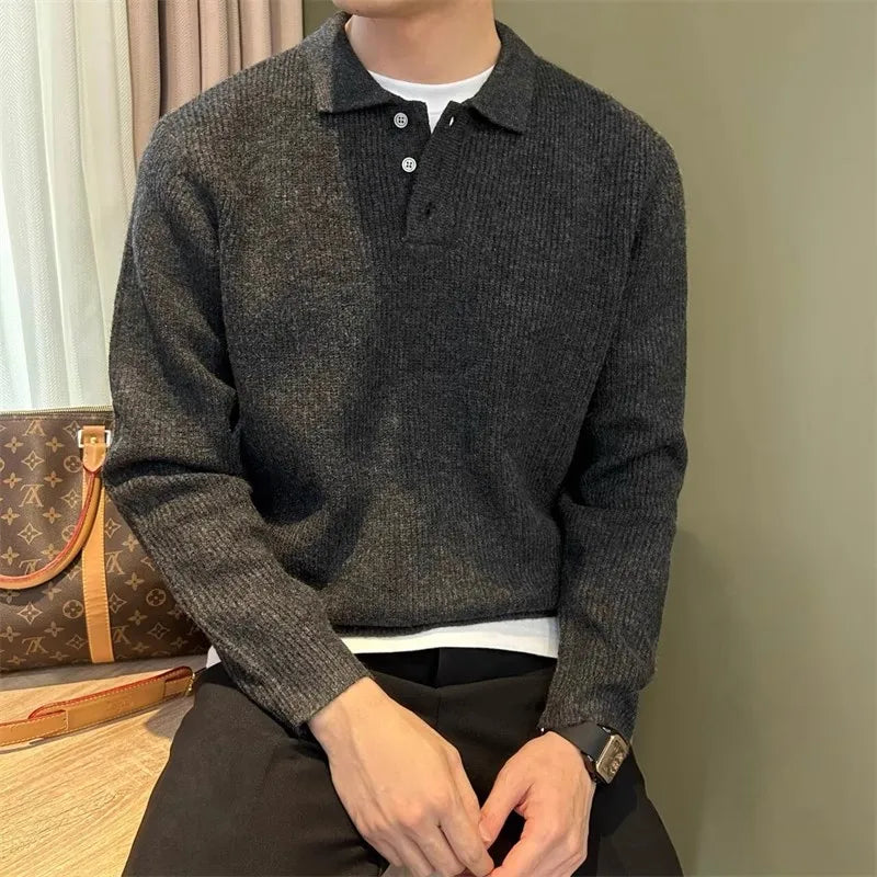 Mens Knit Sweater Autumn Winter Pullover Korean Soft Heavyweight Knit Polo Sweaters Minimalist Long Sleeve Solid Casual Top