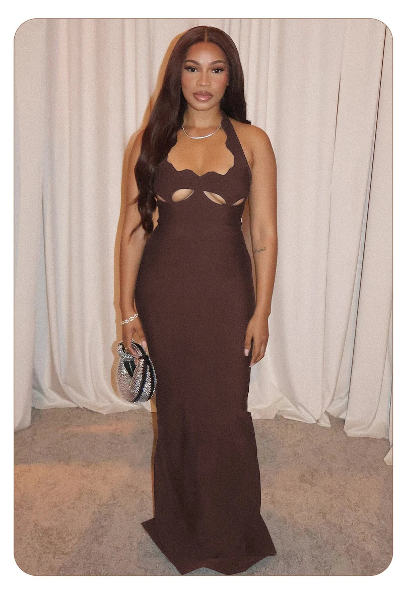 VC Black Halter Elegant Dress For Women 2025 New Summer Evening Party Celebrity Bodycon Long Dress Red Brown Prom Vestido