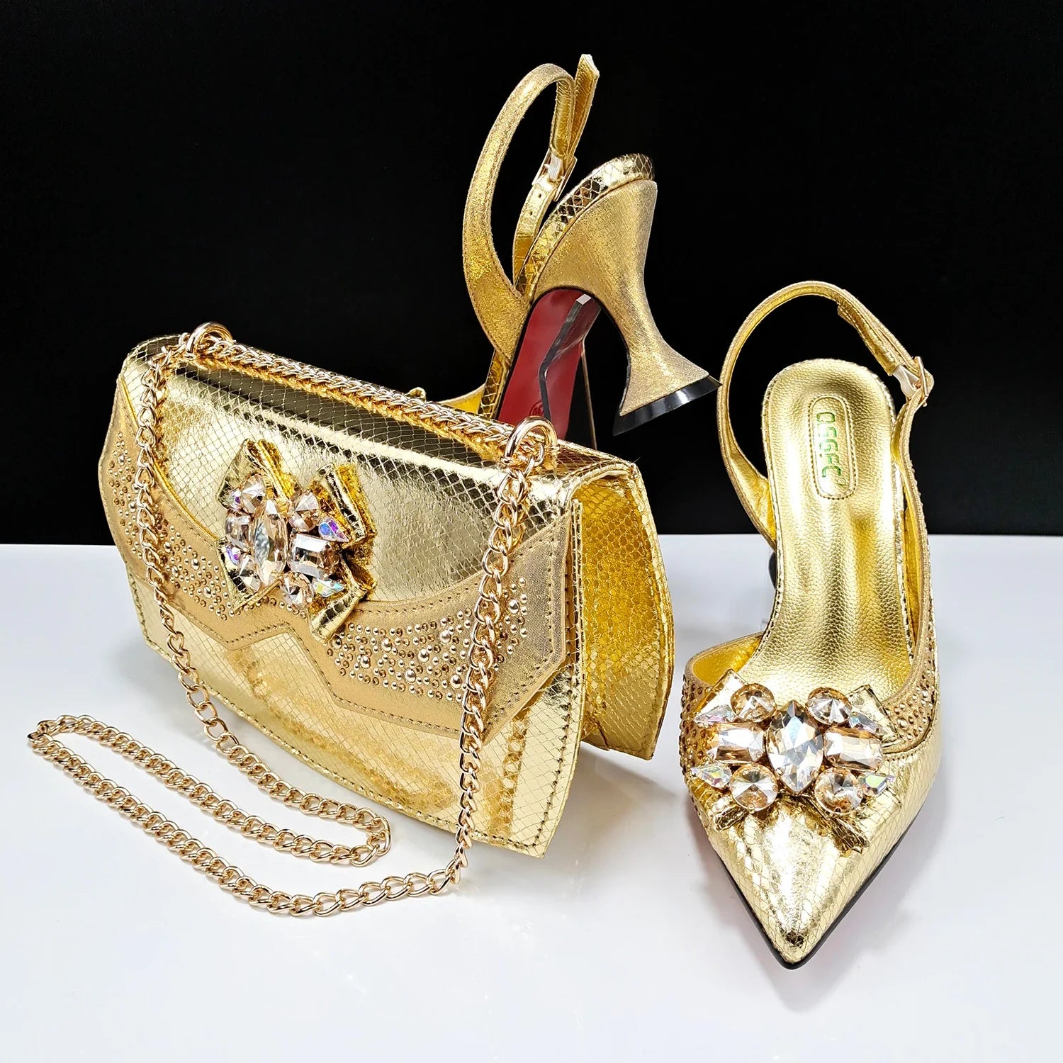 Italian Design Faux Snakeskin Texture Red Shoes And Bags